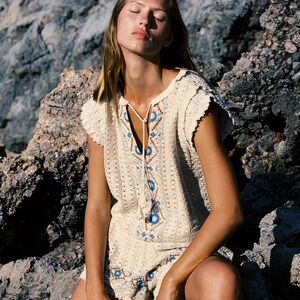 Zara Embroidered Beige Crochet Top with Blue Details